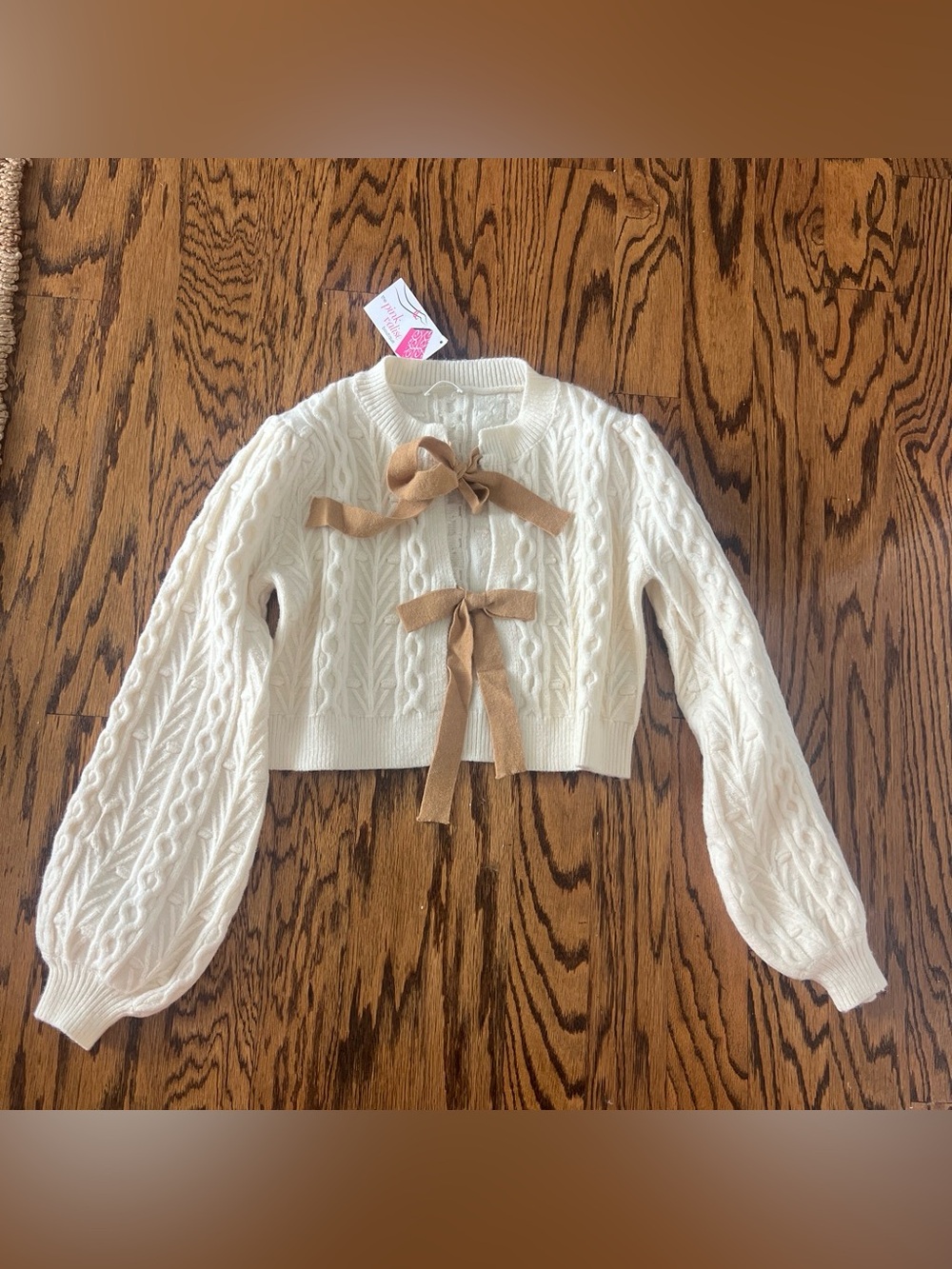 Storia Cream Cable-Knit Bow-Front Cropped Sweater NWT
